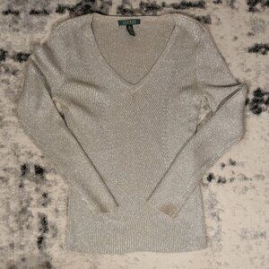 Lauren Ralph Lauren Beige Glitter V Neck Long Sleeve Sweater